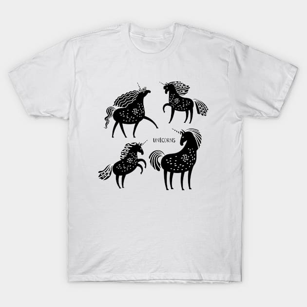 Unicorn Black Silhouettes T-Shirt by Mako Design 